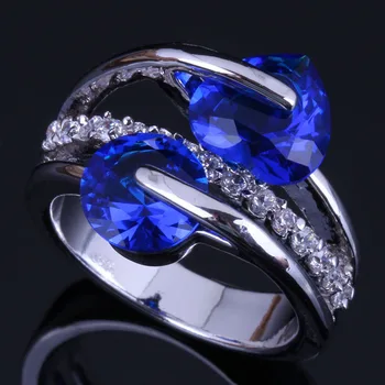 Elegante en Forma de Corazón de Ronda Azul Zirconia Cúbico Blanco CZ de Plata Chapado en Anillo V0466