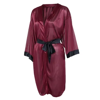 Mujeres Sexy de Seda Negro de Satén Kimono Túnica de Encaje Albornoz Lencería ropa de dormir Pijamas peignoir femme juego de sala de estar E1