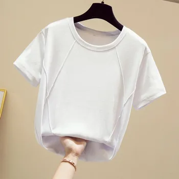 Tops De Verano De 2020 Básico Sólido Simple Camiseta Mujer De Algodón Simple OverSize De Rayas Geométricas De Manga Corta Camisetas Casual Kpop Ropa