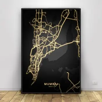 Mumbai, Nueva Delhi, India en oro y Negro de la Lona de Arte de Pared Mapa Cartel
