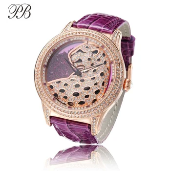 PB Rolling Cristal Cheetah Mujeres Reloj Elegante Púrpura de Reloj de Cuero de las Mujeres de la Moda de Cuarzo de la prenda Impermeable