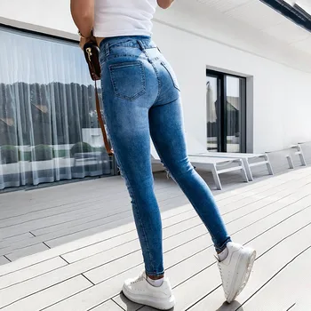 Skinny Jeans De Mujeres Agujeros De Blue Jeans Otoño Nueva Moda Denim Elástico Angustiado Flaco Arrancó Los Pantalones Femenino Clohting 2020