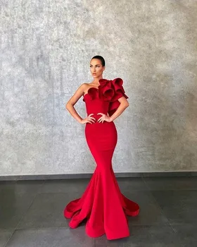 Elie Saab Elegante Rojo De La Sirena Vestidos De Noche De La Flor De Volantes Fiesta Formal Vestidos De Noche De Pasarela De La Moda De Baile Desgaste