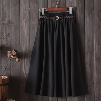 Vintage Mujer Faldas Mujer Faldas De Moda Negro Plisado Falda Con Cinturón De Saia Streetwear Estudiante De Una Línea De Faldas De Mujer Sólidos Q3058