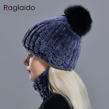 Piel de conejo pompón sombrero anillo conjunto de bufanda de las mujeres de moda de invierno de pelo natural gorras de punto de cuello de calentadores para las niñas femenino