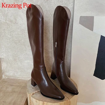 Krazing Bote 2020 cuero de vaca vintage retro de color med talón, dedo del pie puntiagudo ecuestre cremallera coreano belleza de las niñas muslo botas altas l11