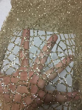 De alta Calidad de oro glitter Neto de la tela de Encaje RBE-00521 francés de tul de malla de Tela de Encaje con pegado glitter