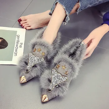 Crystal fox patrón de invierno plano mocasines de mujer de metal punta del dedo del pie brillo de piel mocasines de la marca del diseñador de zapatillas de ballet zapatos de las señoras