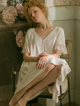 2019 Verano de Algodón Blanco Dulce de las Mujeres Camisones Suave Suelta de ropa de dormir Elegante de la Vendimia de la Princesa de Encaje de Noche Vestido de 19523