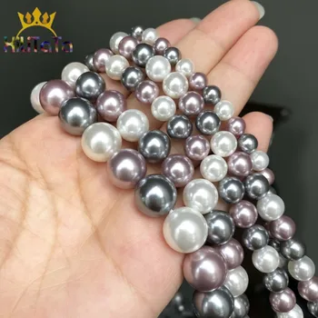 Púrpura Blanco Gris Concha de Perla Perlas Redondas Sueltas Espaciador Perlas Para DIY de la Joyería de la Pulsera de los Accesorios De 15