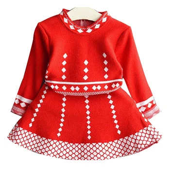 Las niñas Otoño Invierno Vestidos de Suéter de Manga Larga de punto Rojo Vestido de Fiesta de Cumpleaños de los Niños de la Princesa Disfraz de Bebé Niños Ropa 2-6Y