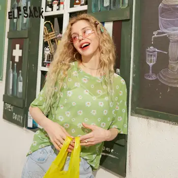 ELFSACK Púrpura Impresión Gráfica coreano Casual Mujer Transparente T-Shirt 2020 DUENDE Verde del Verano Daisy Flores de Impresión de las Señoras Diario Tapas