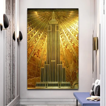Oro Empire State Building Poster Art Deco Pintura en tela, Grabados y Fotografías de Arte de Pared de Fotos para la Sala de estar