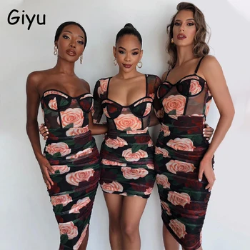 Giyu Sexy Bodycon De La Impresión Floral Vestido De Mujer De La Vendimia Fruncido Fuera Shouldre Sin Respaldo Vestidos Midi 2021 Club De Verano Vestidos De Fiesta