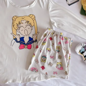 Seeslim Conjunto De Pijama De Las Mujeres Ropa De Dormir Pijamas Lindos Sailor Moon Impresión De Conjunto Completo De Ropa De Hogar De Algodón De Mujer De Manga Larga, Pantalones Largos Trajes