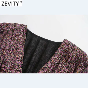 Zevity 2021 Mujeres Vintage con Cuello en V Profundo de la Impresión Floral Elástico en la Cintura Mini Vestido de Mujer Pliegues Puff Manga Casual Slim Vestido DS4903