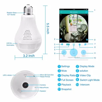 Wifi Panorámica de Ojo de pez de 360 grados de la Cámara IP Inalámbrica Bombilla de Luz LED Mini Cámara de 2MP 3D VR 1080P de Seguridad de la Bombilla de WIFI de la Cámara de CCTV