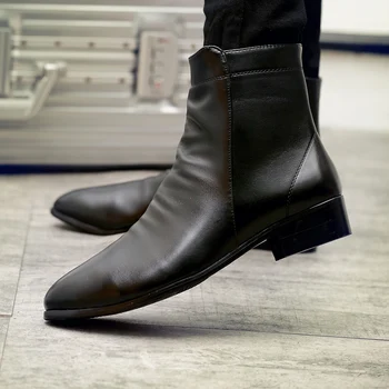 JUNJARM los Hombres de la Moda Botas de Tobillo de Cuero Suave de los Hombres Botas de los Hombres Impermeable Caliente Zapatos Negro Cómodo de los Hombres Calzado