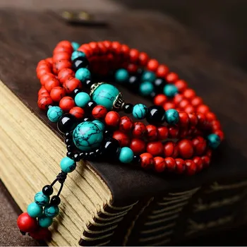 El viento chino nacional de la joyería de Múltiples capas de piedras de color rojo y verde de la piedra negra de la vendimia de rosarios pulsera&collar largo