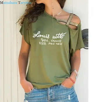 La moda de verano de algodón t-shirt de impresión de cartas de dulces la parte superior camisetas Mujer Camiseta Irregular Sesgo de la Cruz Vendaje Camiseta mujer camisetas