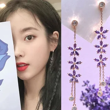 MWSONYA Nuevo coreano Estrella de TELEVISIÓN Púrpura de la Flor de Cristal Borla Larga Pendientes de la Gota de las Mujeres de Fiesta Elegante Pendientes de la Joyería Regalos