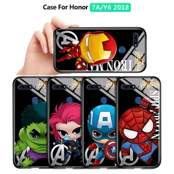 Para Huawei Honor Y6 Primer 2018 / Disfrutar de 8E de dibujos animados de Marvel Avenger Ironman de Spiderman de la Carcasa de la Cubierta Brillante de Cristal Templado de la caja del Teléfono