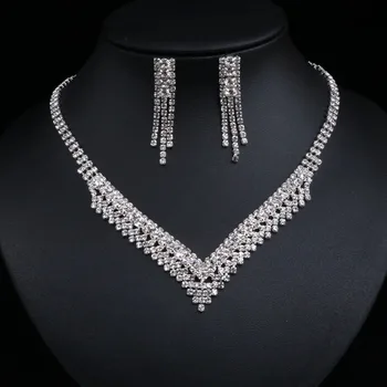 TREAZY en Forma de V de Cristal de Novia Conjuntos de Joyas de Plata de Color de diamantes de imitación Gargantilla Conjuntos de Novia de la Boda de la Joyería para las Mujeres