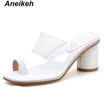 Aneikeh 2019 Moda de Verano Transparente de la PU de las Mujeres Zapatillas Sólido Flip-Flops Plaza de Tacón de todos los días Fuera, Negro, Blanco Tamaño 35-39