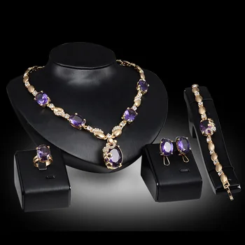 FORSEVEN Mujeres Hipérbole Indio Joyería de Moda Conjunto de Novia de Color Oro Púrpura de la Boda Rhinestone Collar Aretes Brazaletes
