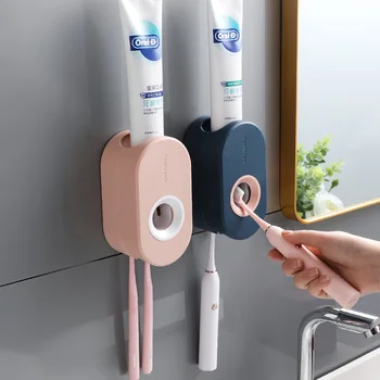 Pasta de tipo automático pasta de dientes apretando conjunto de dispositivos montados en la pared de pasta de dientes titular de cepillo de dientes de rack