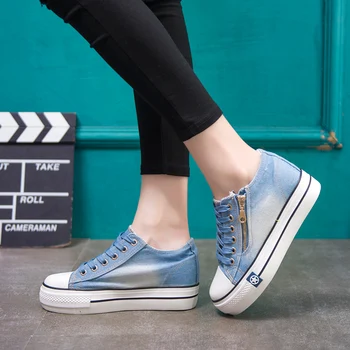 2018 Nueva Altura Mayor Zapatos De Lona De La Moda De Ocio De Las Mujeres De La Plataforma Zapatos Planos Mujeres Del Dril De Algodón Casual Zapatos De Los Pantalones Vaqueros De Color Azul Zapatillas