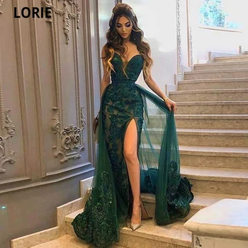 LORIE Verde Oscuro Sirena Vestidos de Noche del V-cuello de Encaje Apliques de Abalorios Formal Fiesta de Baile Concurso de Belleza Vestidos de Split