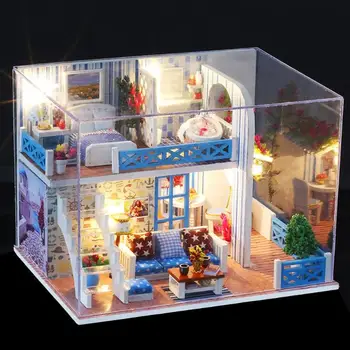 Lindo DIY casa de Muñecas en Miniatura de los Muebles Kit de Juguetes Edificio de Ensamblaje de Casa de Muñecas, Juguetes de Madera Para Niños de Cumpleaños Regalo de Navidad