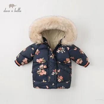 DBJ11915 dave bella invierno de las niñas de bebé con capucha floral capa infantil chaqueta acolchada de niños de alta calidad abrigo de los niños collar de prendas de vestir exteriores
