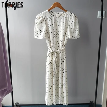 Toppies Primavera Verano Vestido de las Mujeres de Blanco de Lunares de Gasa Vestido Midi de la Correa de Cintura Delgada vestido de mujer 2021