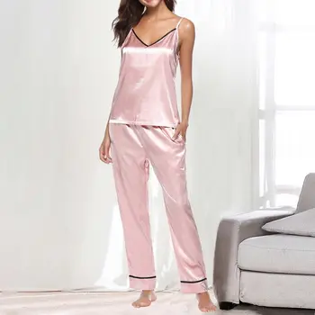 La moda del Color Sólido V-cuello de la Liga Superior de los Pantalones de Traje de Dos piezas de ropa de hogar Conjunto Sexy ropa de Dormir De 2021 Primavera Hogar Traje de Conjuntos