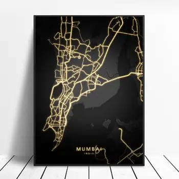 Mumbai, Nueva Delhi, India en oro y Negro de la Lona de Arte de Pared Mapa Cartel