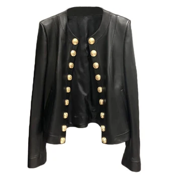 La primavera y el otoño nueva moda de las mujeres de negro de imitación de cuero de la chaqueta de botones elegante de la chaqueta de la chaqueta de motocicleta