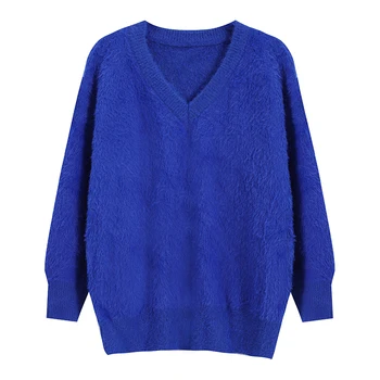 Azul de cuello en V Suéter de 2020 Nueva Suelta de las Mujeres del Otoño y el Invierno Engrosamiento de la parte Superior del Suéter de Jersey