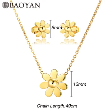 Baoyan Joyas de Acero Inoxidable 316L Simple Flor Aretes Collar de la Conjunto de Moda de la Joyería Nupcial de la Joyería de la Boda Establece Para las Mujeres