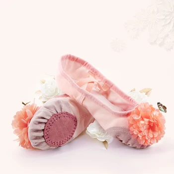 Rosa Ballet Niñas Zapatos De Niño Niños Zapatillas De Ballet Suaves Split Suela De Cuero Yoga Gimnasia Zapatos De Baile Con Flor