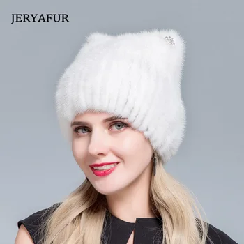 Mujeres de mediana edad en el invierno: de visón de piel de las mujeres suéter de punto sombrero nuevo de la moda Europea y Americana de gato estilo de esquí de tapas