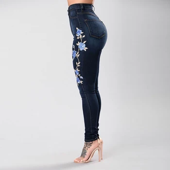 Estirar El Bordado De Jeans Para Mujeres Elástica Azul De La Flor De Jeans Femeninos Lápiz Pantalones De Mezclilla Rose Patrón De Pantalon Femme