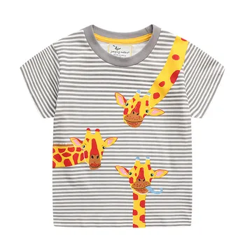 Saltando Metros de Nueva 2021 Verano de las Niñas camisetas con Bordados Animales Lindos del Bebé Ropa de Algodón de la Raya de Dinosaurio O-cuello de Camisetas Tops