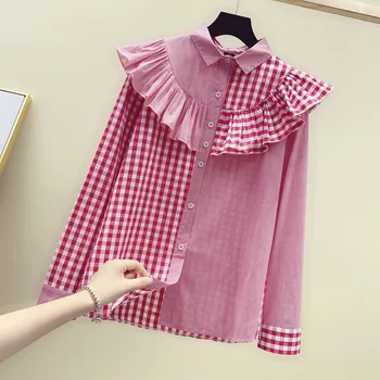Dulce de la Hoja de Lotus Camisa a Cuadros para las Mujeres 2019 Otoño Nuevo coreano de manga Larga Vuelta-cuello de la Camisa camiseta interior Chica Estudiante Blusas Tops