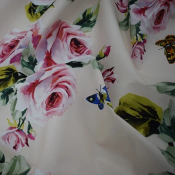 2018 teñido reactivo de color beige inferior rosas mariposas bebé de tela de algodón para el verano vestido de telas por metros tissu au metros de vestidos