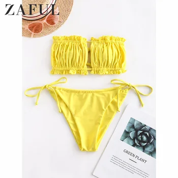 ZAFUL Bikini Set de Volantes vestido de oso de las Mujeres trajes de baño Sexy Alta Corte sin Tirantes vestido de Talle Bajo Acolchado Bikini Femme 2019