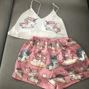 Unicornio Pijamas para Mujer de Seda Sexy Pijamas Niñas Camisones de Raso de la Casa de Traje de Verano de Pijama Cuello V 2020