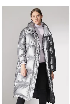 Invierno brillante brillante de plata gruesa caliente pato abajo abrigos mujeres Oversize parkas sobre la rodilla de largo con capucha Abajo chaquetas abrigo