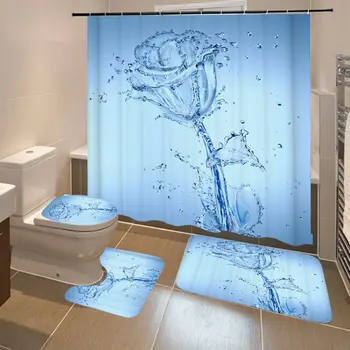 La Impresión en 3D Romántico de Agua de la Flor de la prenda Impermeable de la Ducha del Baño de la Cortina de Baño Cubierta de la Estera Antideslizante Estera en el Piso de Alfombra de Baño Conjunto